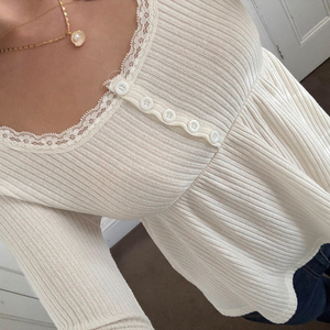 Blusa Sexy de Punto para Mujer, con Detalles de Encaje, Botones, Manga Larga, Dobladillo Holgado, Estilo Casual y Holgado para Otoño - Product Image 4