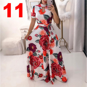 Vestidos estampados informales de talla grande para mujer, vestido <span class=keywords><strong>Maxi</strong></span> bohemio de manga corta ahuecado, con cinturón, a la moda, a la moda, con cinturón, a la moda