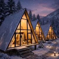 Bâtiment préfabriqué personnalisable en forme de triangle, serre modulaire en acier léger respirante et moderne, appartement, glamping, hôtel, complexe hôtelier