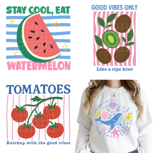 Vinilos Termoadhesivos DTF Lavables con Diseño de Frutas Dulces, Vacaciones de Verano, Ambiente Playero y Amantes del Mar, Listos para Prensado en Textiles - Product Image 1