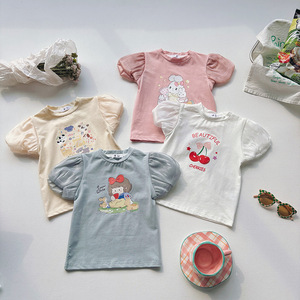 Nueva ropa de verano para niñas: <span class=keywords><strong>Camiseta</strong></span> de malla con mangas abullonadas y diseño de conejo de dibujos animados, estilo coreano para niñas pequeñas y medianas. - Product Image 1