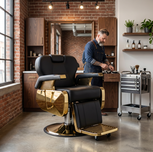 Sillón de Barbería Hidráulico Reclinable 360 °   Base Giratoria de Metal Dorado con Reposapiés para Barbería Masculina - Product Image 2