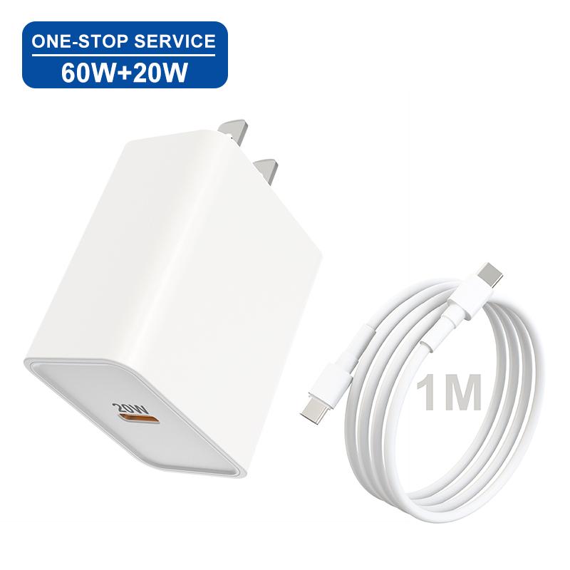 Servicio de una parada 2 paquetes PD 20W Cargador USB Enchufe de carga de EE. UU. con cable USB C Carga rápida para carga de teléfono móvil