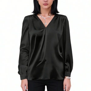 Women's Satin V-Neck Blouse Long Puff Sleeve Casual Office <b>Top</b> Shirt Fashion - Product Image 2