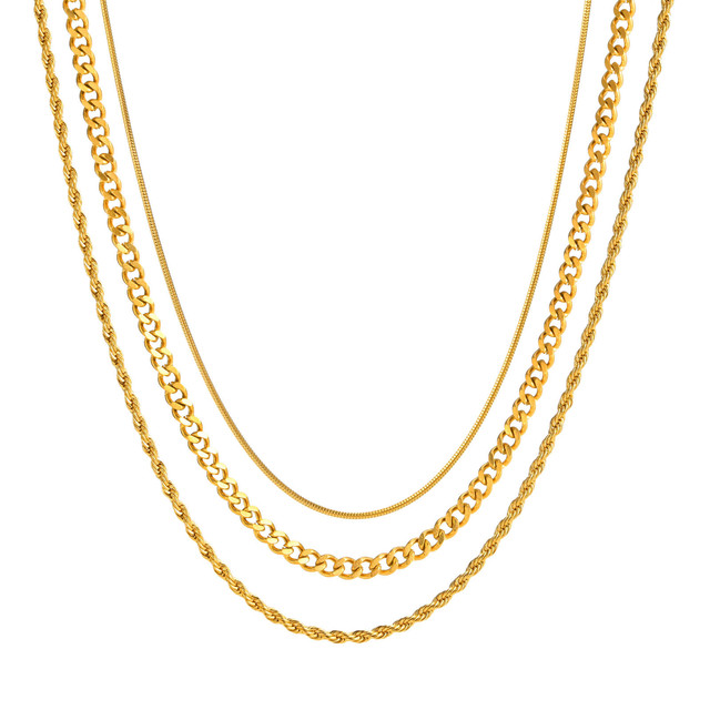 Stainless Steel Non Tarnish Multi Layer Three Gold Stacking Triple Snake Rope Chain Cuban Link  Layered Necklace Set