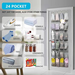 Organizador de zapatos para colgar sobre la puerta, 24 bolsillos de malla, estante de almacenamiento colgante gris para zapatos con ganchos de acero inoxidable - Product Image 6