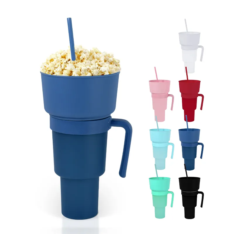 32oz Snack Cup plastic colors beer popcorn snack tray plastic cups 2 in 1 Stadium tumbler with snack bowl and straw