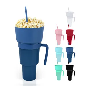 32Oz Snackbeker Plastic Kleuren Bier Popcorn Snackbak Plastic Bekers 2 In 1 Stadion Tumbler Met Snackkom En Stro