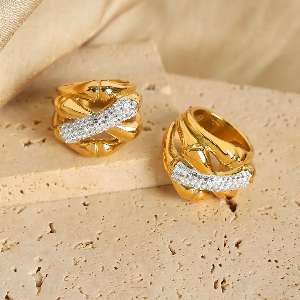 Anello Non appannato in oro placcato 18k acciaio inossidabile Punk osso giunto cubico Zirconia croce grosse grandi anelli anillos de oro