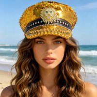 Chapeau de Capitaine Personnalisé Unisexe Décontracté de Plage avec Tête de Lion à Paillettes Dorées et Strass, Fournitures de Fête de Luxe pour Burning Man, Vente en Gros, MOQ 3
