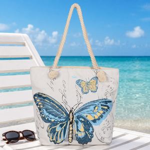 Sac de plage d'été de haute qualité avec broderie, grande capacité, poignée en corde de coton, sac fourre-tout en toile pour femme, vente en gros - Product Image 1
