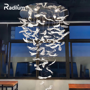 Lustre en verre et plumes, suspension moderne <span class=keywords><strong>de</strong></span> luxe en acier inoxydable, éclairage personnalisé pour escalier, hall d'hôtel, projets, fabrication sur mesure - Product Image 1
