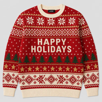 Sweater Natal Vintage Pria dengan Cetakan Huruf Happy Holidays, Motif Salju, Pohon Pinus, dan Rajutan Fair Isle, Pullover Natal.
