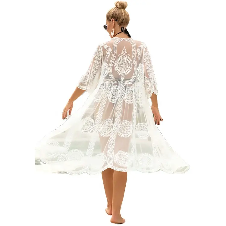 Оптовая продажа, Пляжное пикантное бикини среднеквадратичного размера с вырезами, Белый Топ, длинная Прозрачная Кружевная юбка с защитой от солнца