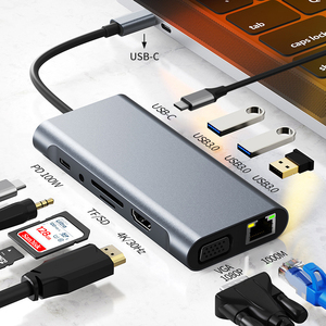 Estación de acoplamiento para computadora portátil USB 3,0 de alta calidad 11 en 1 Dock Dual USB C Hub Switch Docking Station