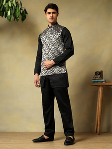 Chaap Mens Black Dola Silk Kurta Set with Brocade <b>Jacket</b> | Full Sleeve Classic Ethnic Wear <b>for</b> <b>Weddings</b> & Festive Occasions - Product Image 3
