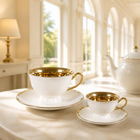 Set Cangkir Kopi Keramik LEXI Luxury Gold Rim dengan Piring, Cangkir Teh Porselen Putih untuk Teh Sore, Set Kotak Hadiah Pernikahan