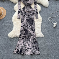Robe longue en maille imprimée tendance pour femme, col montant, manches longues, moulante, froncée, pour soirée