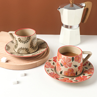 Tasses et soucoupes en céramique émaillée craquelée, magnifiques tasses à latte à motifs floraux, vaisselle en poterie artisanale, mugs compatibles lave-vaisselle