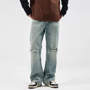 Street style loose retro washing denim versatile hole leisure micro flared jeans men