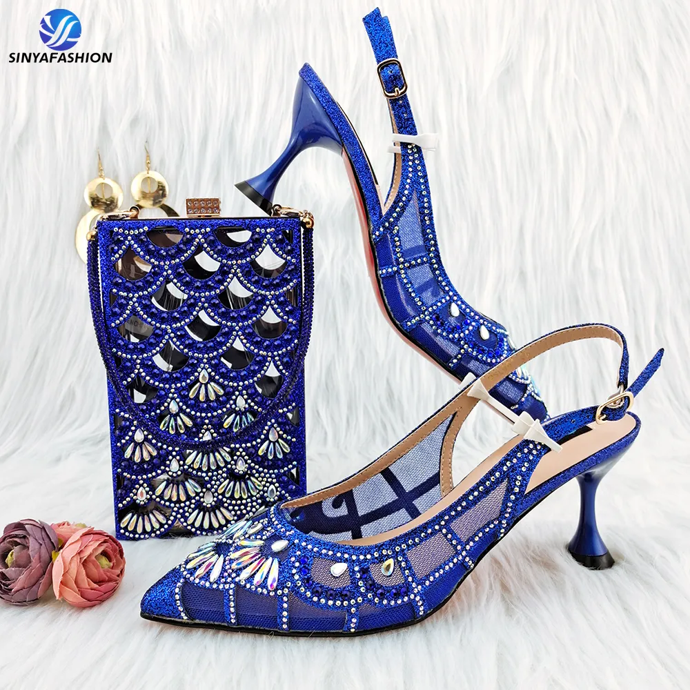 2023 Latest R.Blue Color Nigerian Party Shoe And Bag Sets Italian Shoes With Matching Bags Wedding Italy Party Shoes And Bag Set