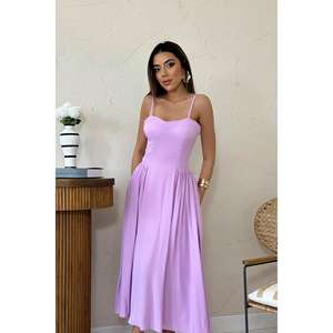 ชุดราตรีทรงเอไลน์ผ้าซาตินสีไลลา คอเหลี่ยม เอวธรรมชาติ แต่งระบาย สวยสง่า - Product Image 4