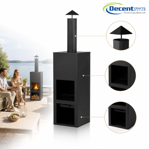 Caminetto Rettangolare da Esterno Alto Autoportante a Legna con Canna Fumaria e Vano Porta Legna in Ferro per Patio - Product Image 1