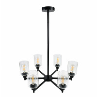 Lustre suspendu industriel vintage à 6 têtes, en fer noir mat, avec abat-jour en verre transparent, base E26 pour l'éclairage décoratif de la maison