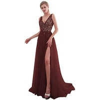 NNR Hochwertige rosa bestickte Perlen Slip Sexy Deep V Pailletten Langes Kleid Abendkleid