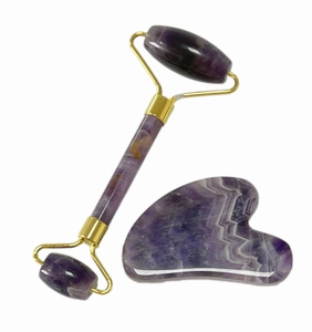 Ensemble de masseur de beauté en pierre d'améthyste naturelle de couleur pourpre outils de soin de la peau - Product Image 5