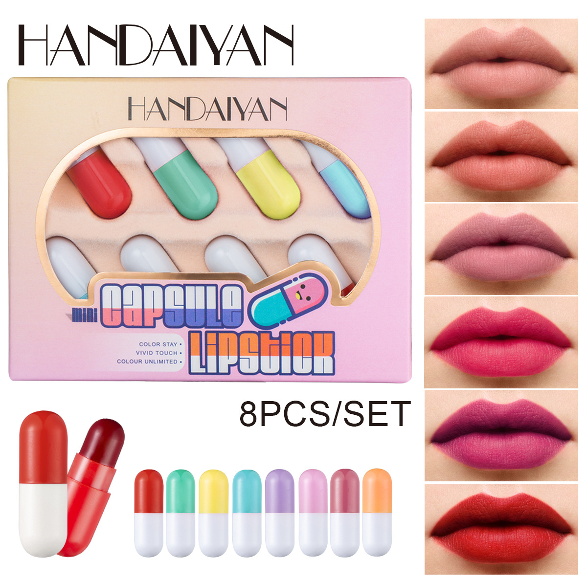 HANDAIYAN8PCSミニカプセル口紅セットマット防水持続口紅ノン