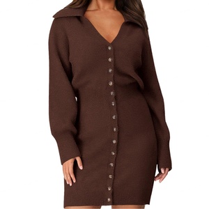 Vestidos de Mujer Personalizados de Alta Calidad, Vestidos Tipo Jumper de Un Solo Pecho, Vestidos de Punto de Manga Larga con Solapa en Color Sólido para Otoño e Invierno - Product Image 2