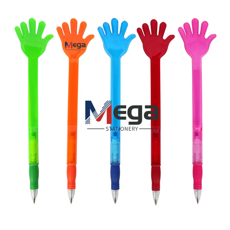 Caneta esferográfica de plástico colorida para presente promocional, caneta esferográfica de palma de mão criativa de cinco dedos em forma de mão, caneta esferográfica de plástico colorida com logotipo personalizado
