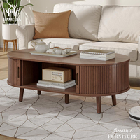 Table basse ovale de style Mid-Century avec portes coulissantes cannelées et étagère ouverte, Fabricant de meubles pour commandes en gros