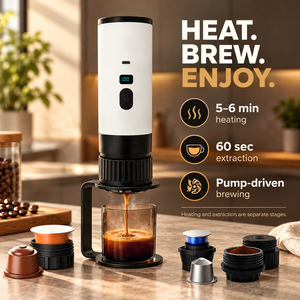 Machine à expresso portable auto-chauffante 3-en-1 OEM ODM pour la maison et les voyages, rechargeable, compatible capsules et café moulu, pour la vente en gros - Product Image 3