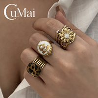 CUMAI Bagues ouvertes en acier inoxydable plaqué or 18 carats avec fleur de rose, léopard et perle pour femme, style vintage, étanches, inaltérables, cadeau