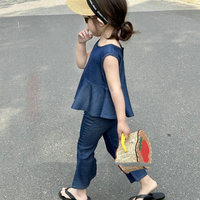 Ensembles de vêtements pour enfants de la boutique d'été 2024, couleur unie, veste à simple boutonnage, pantalon évasé, deux pièces, vêtements pour filles