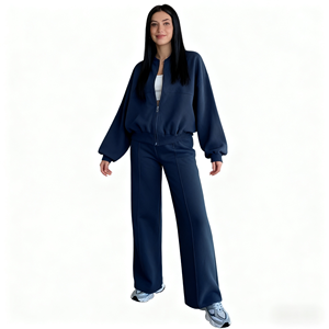 كنزة صوفية بسوستة بلون واحد للخريف والشتاء ، طقم بنطال بساق مستقيمة كاجوال وعصري للنساء - Product Image 4