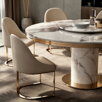 Table à manger de luxe en marbre blanc 8 places, design moderne, base sur piétement à bord doré, durable, imperméable, portable pour appartement et hôtel