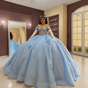 Off The Shoulder Light Blue Ball Gown Chiffon Empire Waist Prom Dress With Train And Cut Out Details For Adult Princess Style - Product Image 1