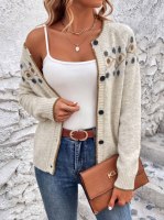 Damen Gemütliche Cremefarbene Fair Isle Geometrische Strickjacke, Kontrastbesatz Knopfleiste Rundhals-Strickpullover mit Geripptem Saum, OEM/ODM