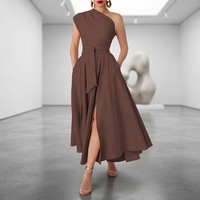 Robe longue décontractée d'été grande taille pour femme, sans manches, col asymétrique, couleur unie, taille haute, coupe trapèze, très tendance