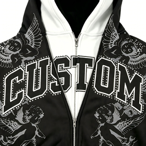 Felpa con Cappuccio Personalizzata con Stampa Angelo in Strass, Streetwear Y2K da Uomo, 400gsm, Doppio Strato, per Linee di Abbigliamento - Product Image 2