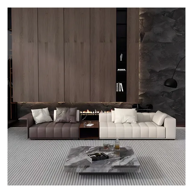 Soggiorno minimalista villa grande divano angolo a fondo piatto divano italiano luce di lusso pianoforte chiave in pelle divano