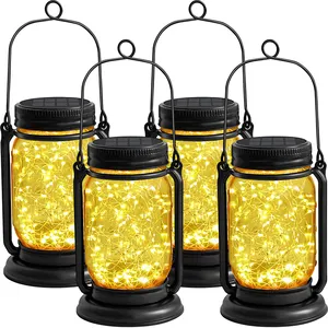 Hangende Zonne-Lantaarnlampen Vintage Glas Mason Jar Zonne-Energie Kerstverlichting Buiten Waterdicht Voor Patio Tuin Gazon Boomtuin