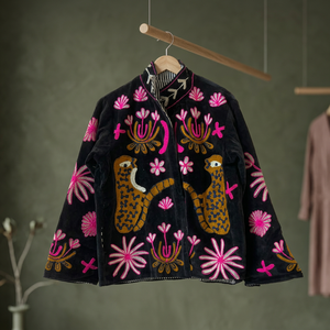 Veste en velours brodée pour femme, col mandarin, manches longues, motif floral, vêtement d'extérieur d'automne, broderie à la main - Product Image 4