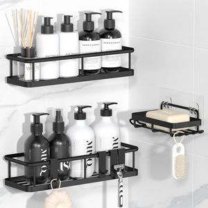 Étagère d'angle murale moderne à double niveau en plastique et métal pour salle de bain, toilettes, lavabo et accessoires de salon - Product Image 1