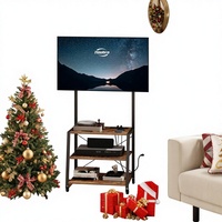 Soporte de TV de Madera Rústica Antigua Personalizado con Ruedas, Enchufe Eléctrico y Estantes de Almacenamiento de 3 Niveles para TV de 55 Pulgadas para Sala de Estar