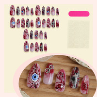 30 pièces/boîte Faux ongles à presser Y2K Gothique, longs forme cercueil, avec motif œil de sang, réutilisables en acrylique, pour fête d'Halloween