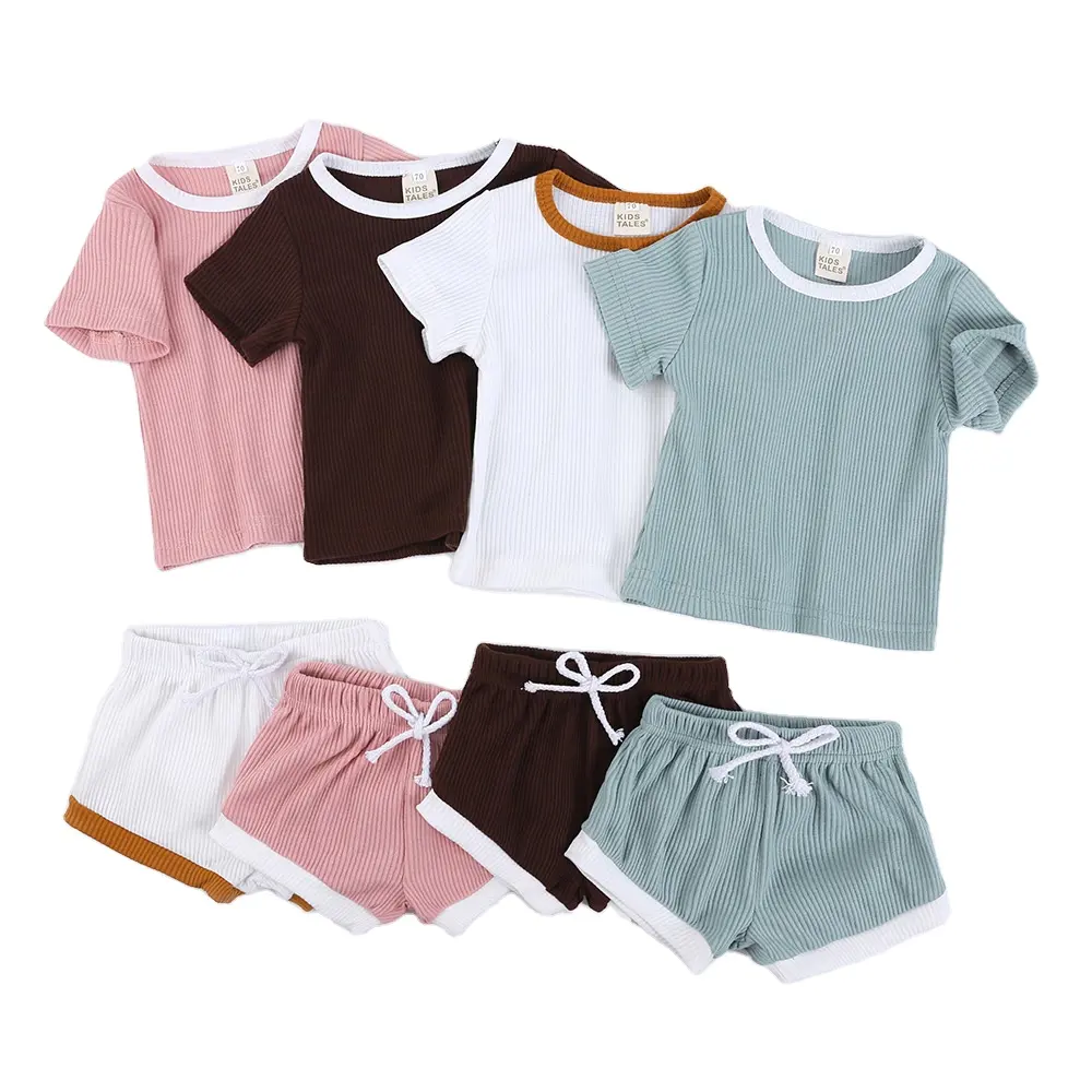 2023 Newborn Baby Boys Girls Outfits Suit Knitted Short Sleeve T-shirts Tops+Shorts 2Pcs Kids Suits